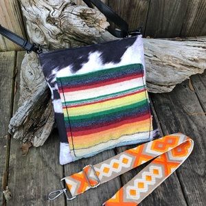New Boutique Faux Fur Cow Print Western Crossbody Bag Serape Pocket